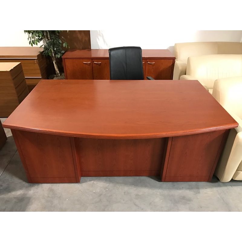 Cherry wood bow front desk and credenza